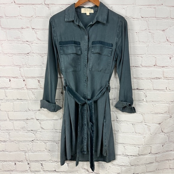 Anthropologie Cloth & Stone chambray utility shirt dress denim tie waist small - Picture 3 of 11